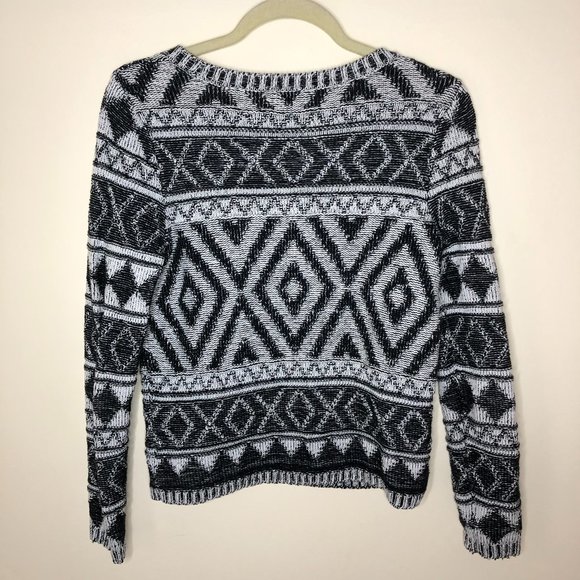 Lucky Brand Jacquard Black & White Geo Print Long Sleeve Sweater Y2K Classic - Picture 2 of 10